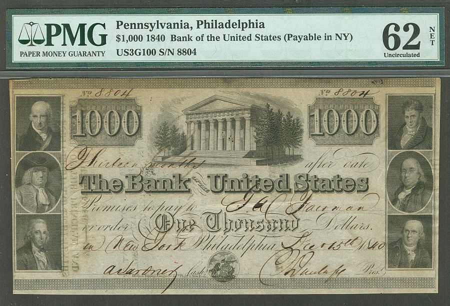 Bank of the United States $1000, Dec. 15, 1840, Philadelphia Issue, NY Redemption, 8804, AU - PMG-62n